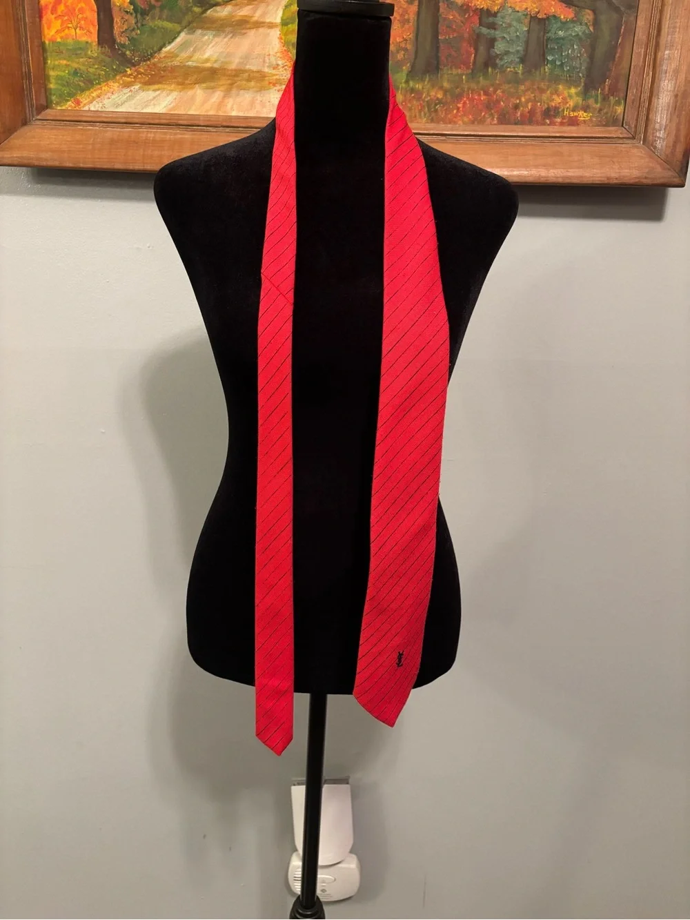 Yves Saint Laurent Vintage Red Pinstripe Silk Tie with YSL Embroidery